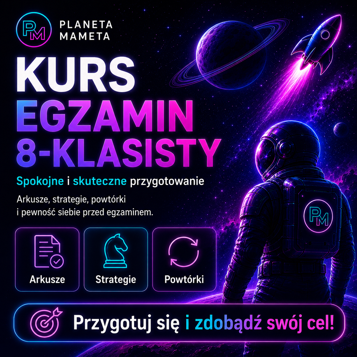 Grafika promująca kurs do egzaminu 8-klasisty